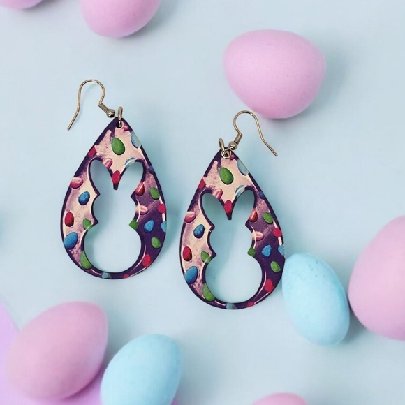 Wood Colorful Egg Print With Bunny Cutout Teardrop Earrings - Picture 1 of 5